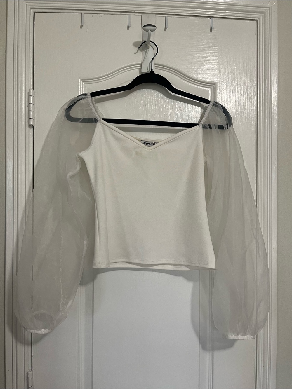 Express White Sheer Puff-Sleeve Crop Top